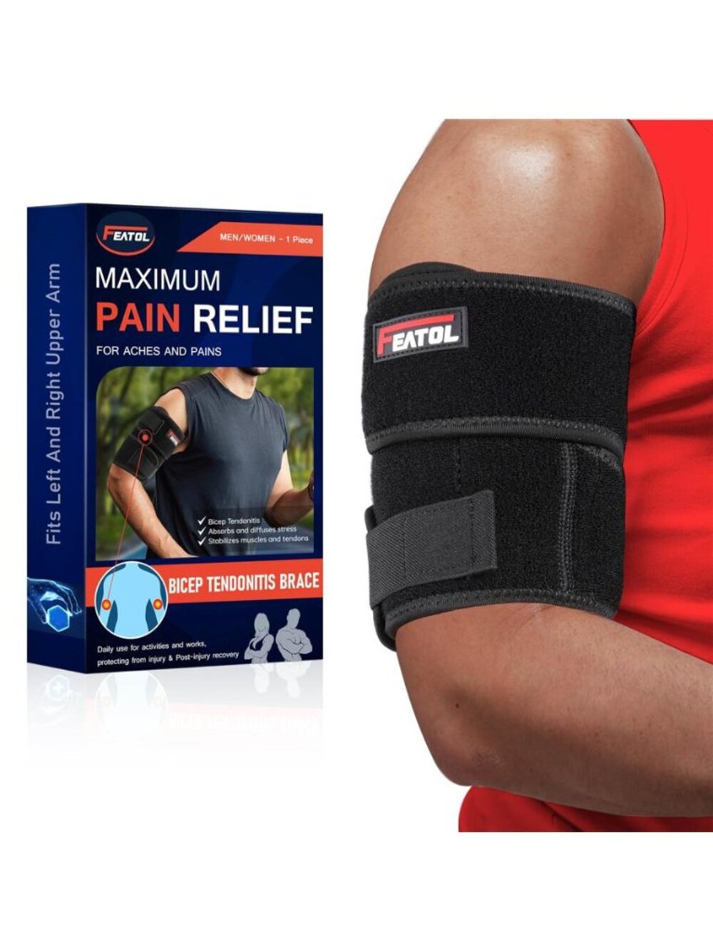 FEATOL Bicep Tendonitis Brace Compression Sleeve Support, Upper Large, Black